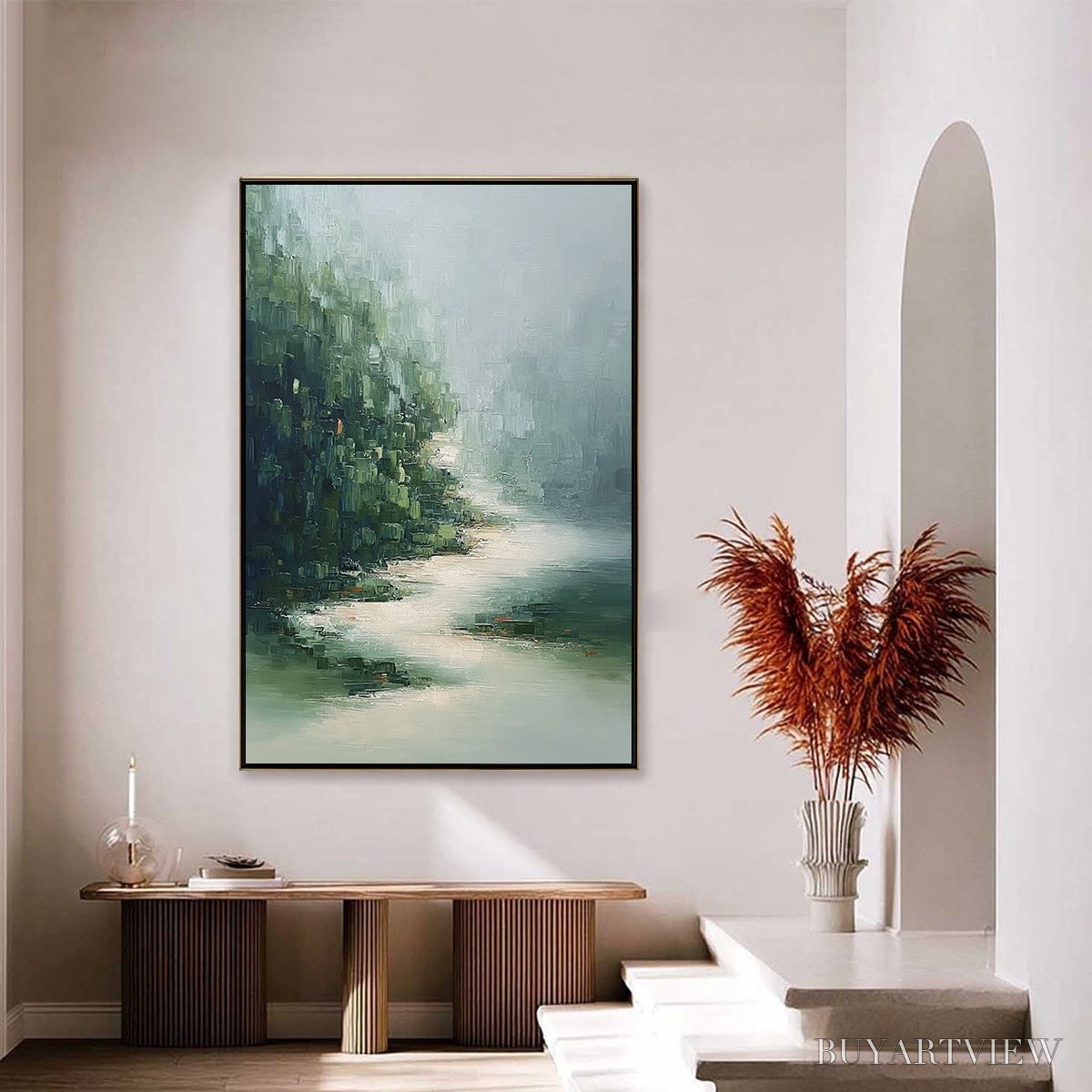 ARTOVITAS Verdant Whisper – Textured Wabi Sabi Forest & River Landscape Painting - image 4