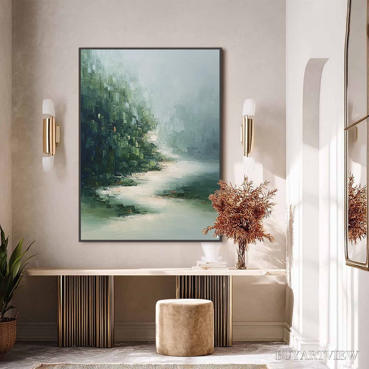 ARTOVITAS Verdant Whisper – Textured Wabi Sabi Forest & River Landscape Painting - image 6