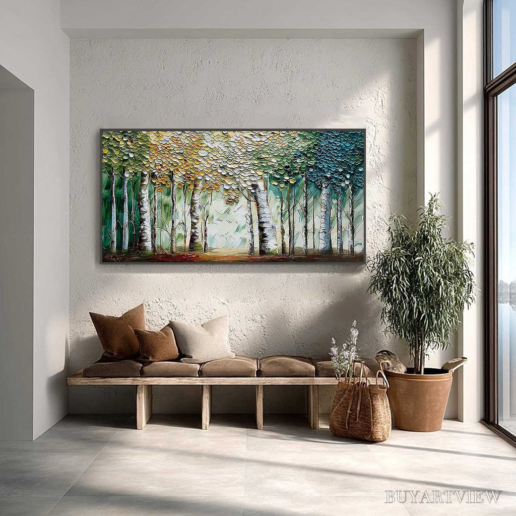 ARTOVITAS Chroma Grove – Panoramic Textured Impasto Birch Tree Forest Painting - image 2