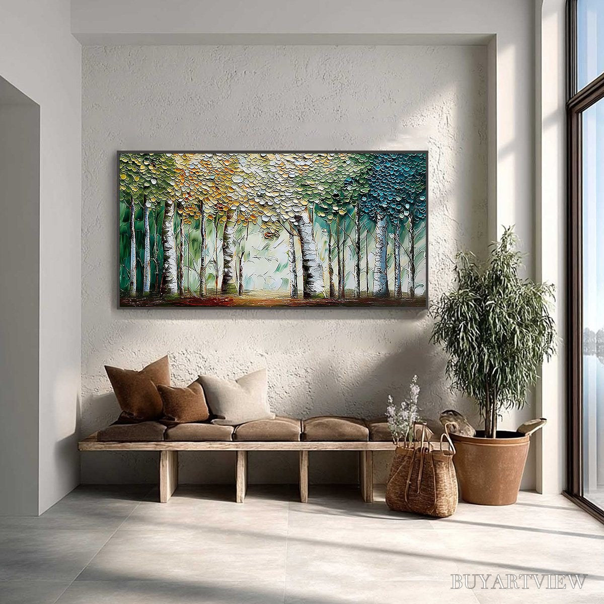 ARTOVITAS Chroma Grove – Panoramic Textured Impasto Birch Tree Forest Painting - image 2