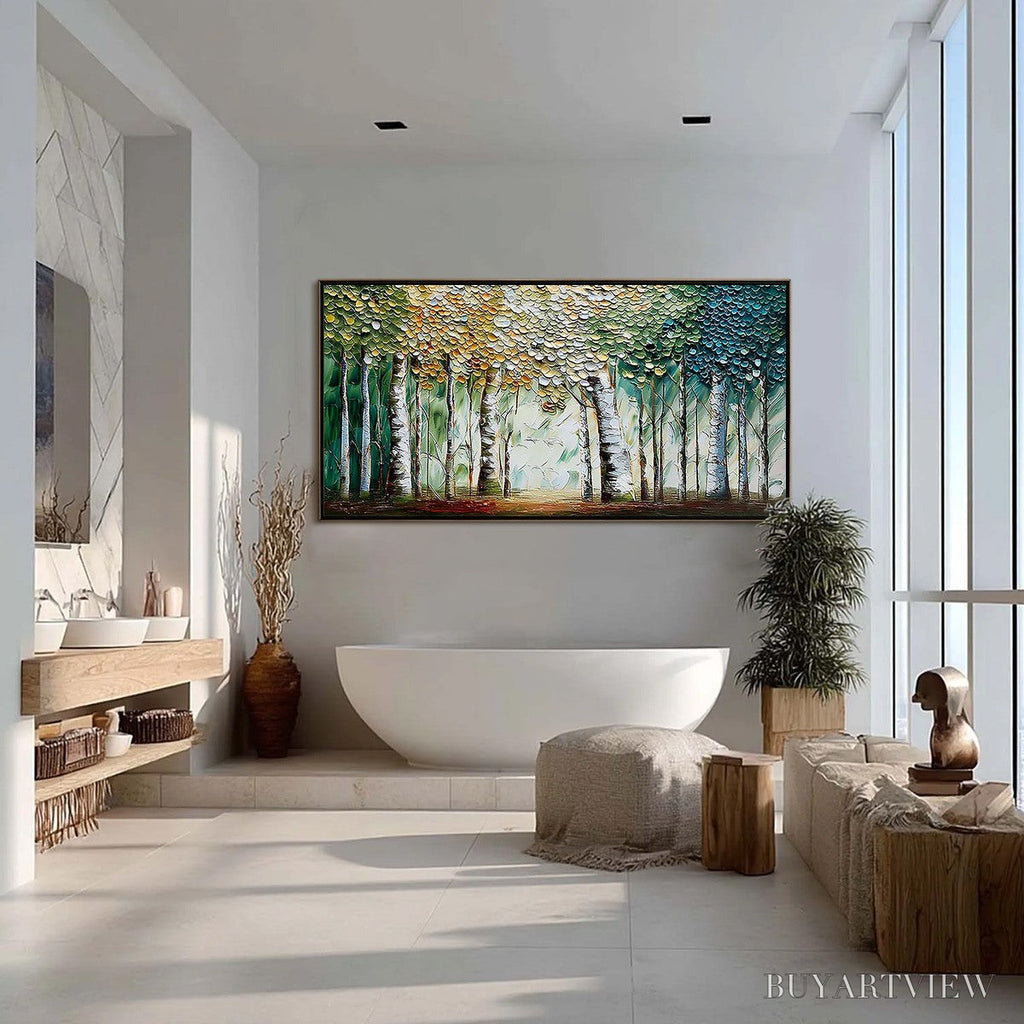 ARTOVITAS Chroma Grove – Panoramic Textured Impasto Birch Tree Forest Painting - image 4