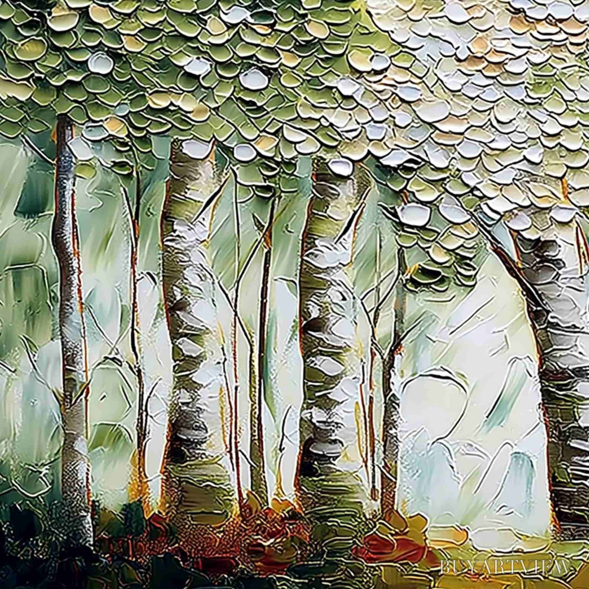 ARTOVITAS Verdant Sanctuary – Textured Impasto Birch Tree Forest - image 3