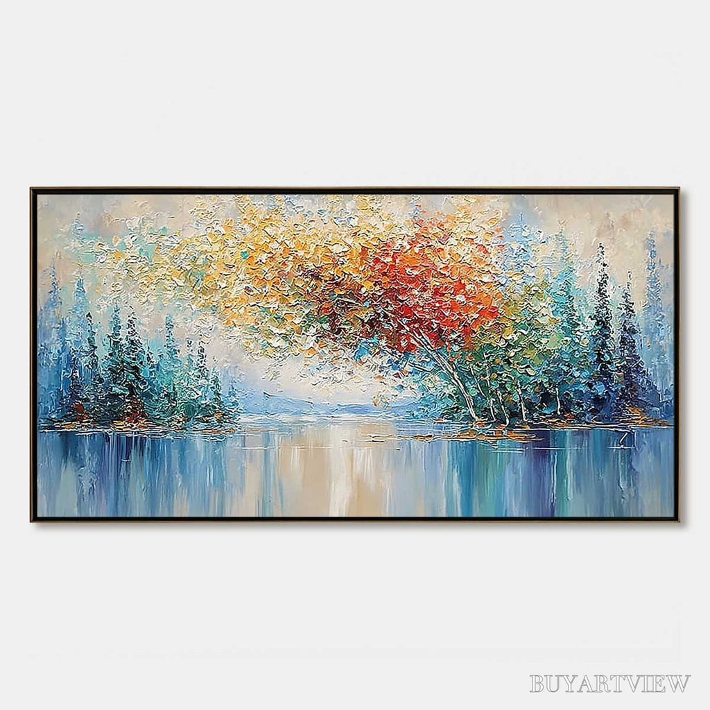 ARTOVITAS Vibrant Reflections – Colorful Textured Impasto Forest and Lake Painting - image 1