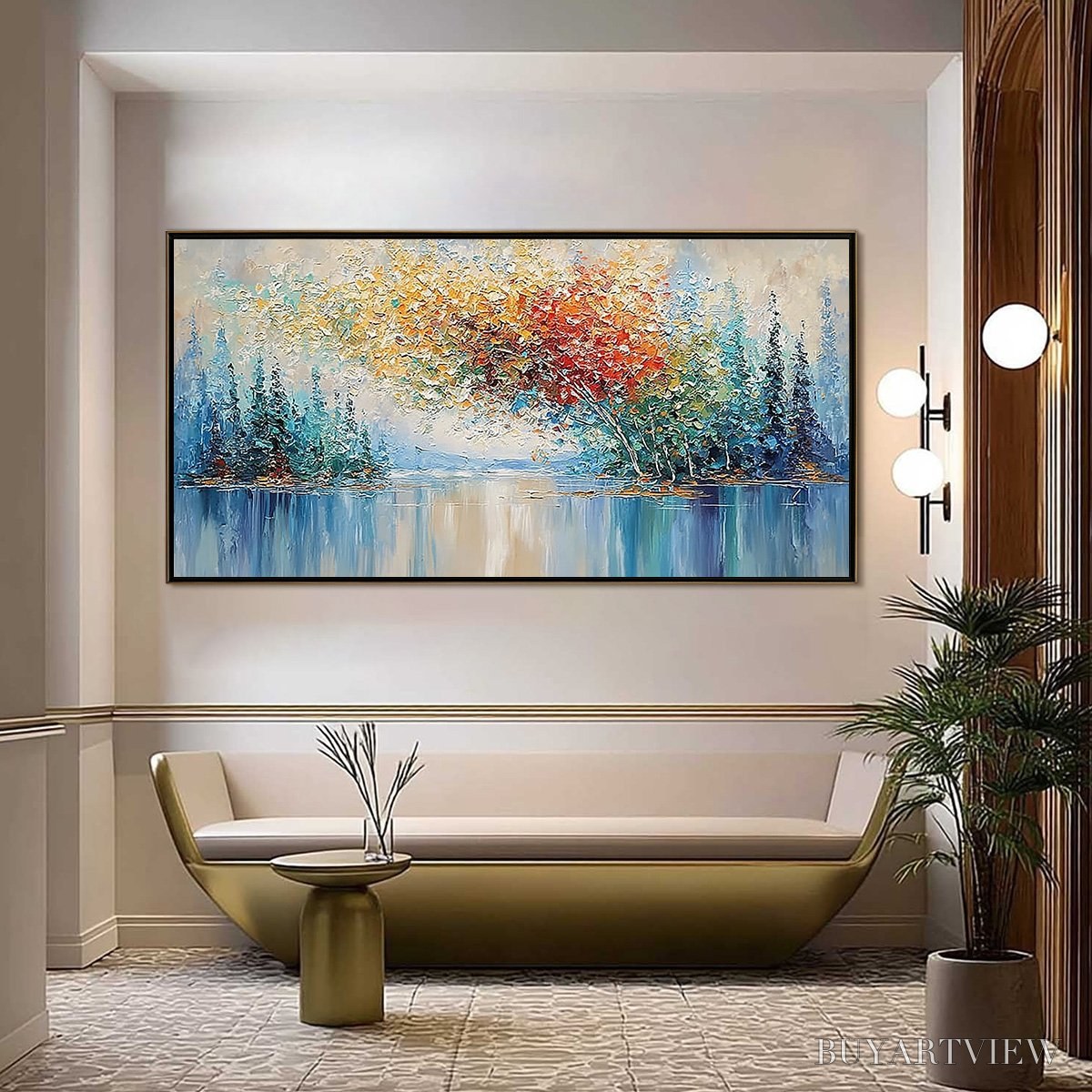 ARTOVITAS Vibrant Reflections – Colorful Textured Impasto Forest and Lake Painting - image 2
