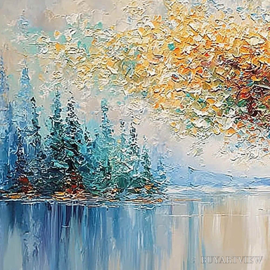 ARTOVITAS Vibrant Reflections – Colorful Textured Impasto Forest and Lake Painting - image 3