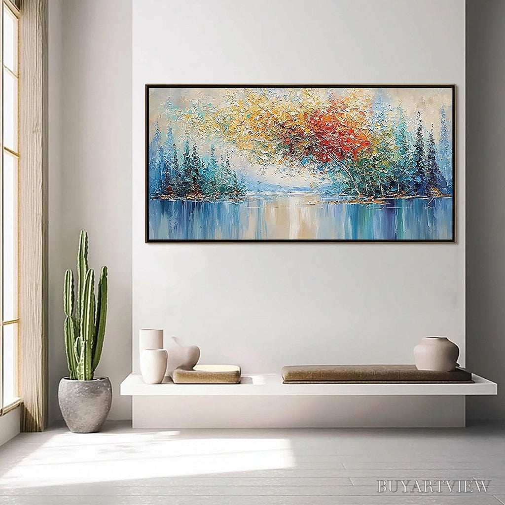ARTOVITAS Vibrant Reflections – Colorful Textured Impasto Forest and Lake Painting - image 4