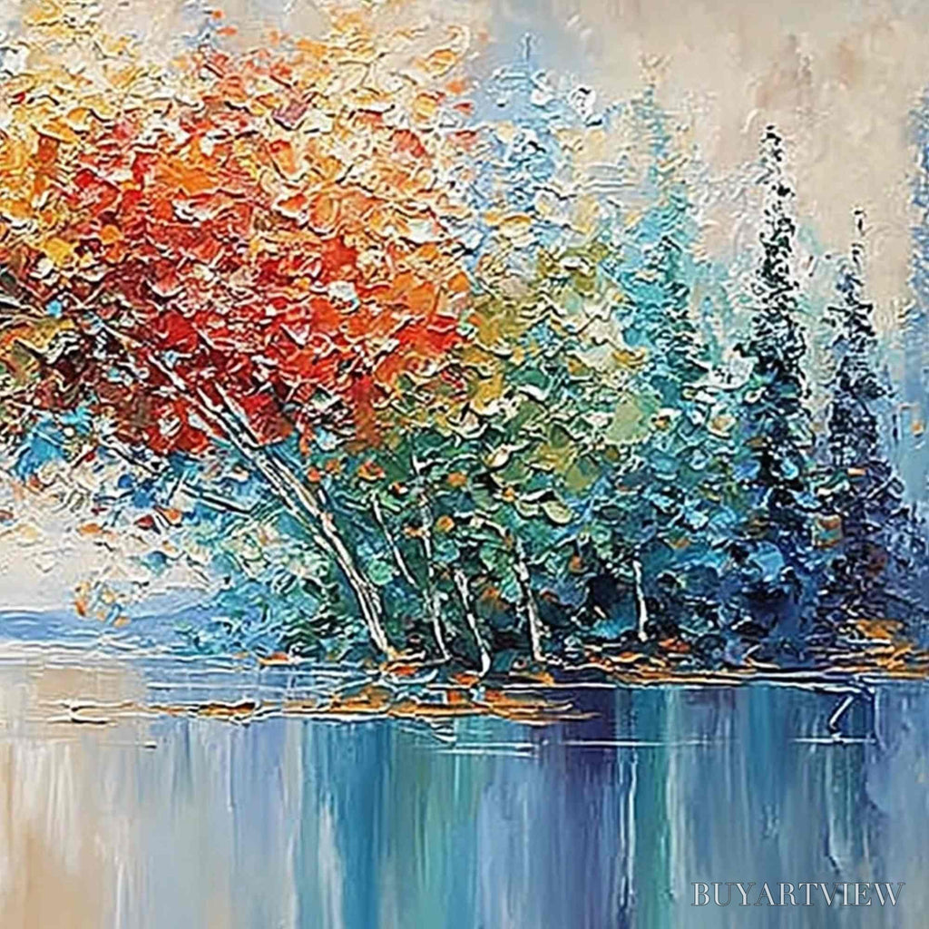 ARTOVITAS Vibrant Reflections – Colorful Textured Impasto Forest and Lake Painting - image 5
