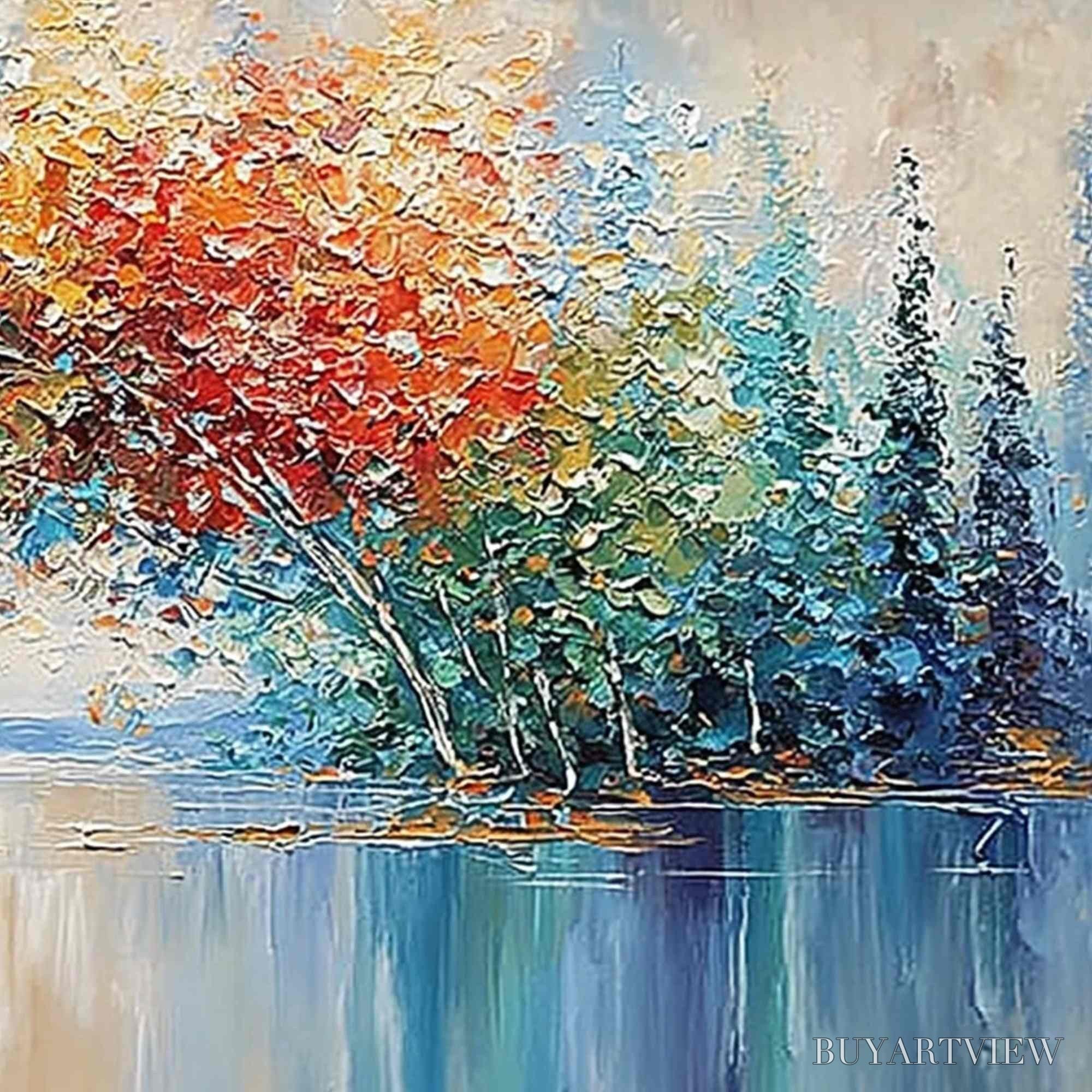 ARTOVITAS Vibrant Reflections – Colorful Textured Impasto Forest and Lake Painting - image 5