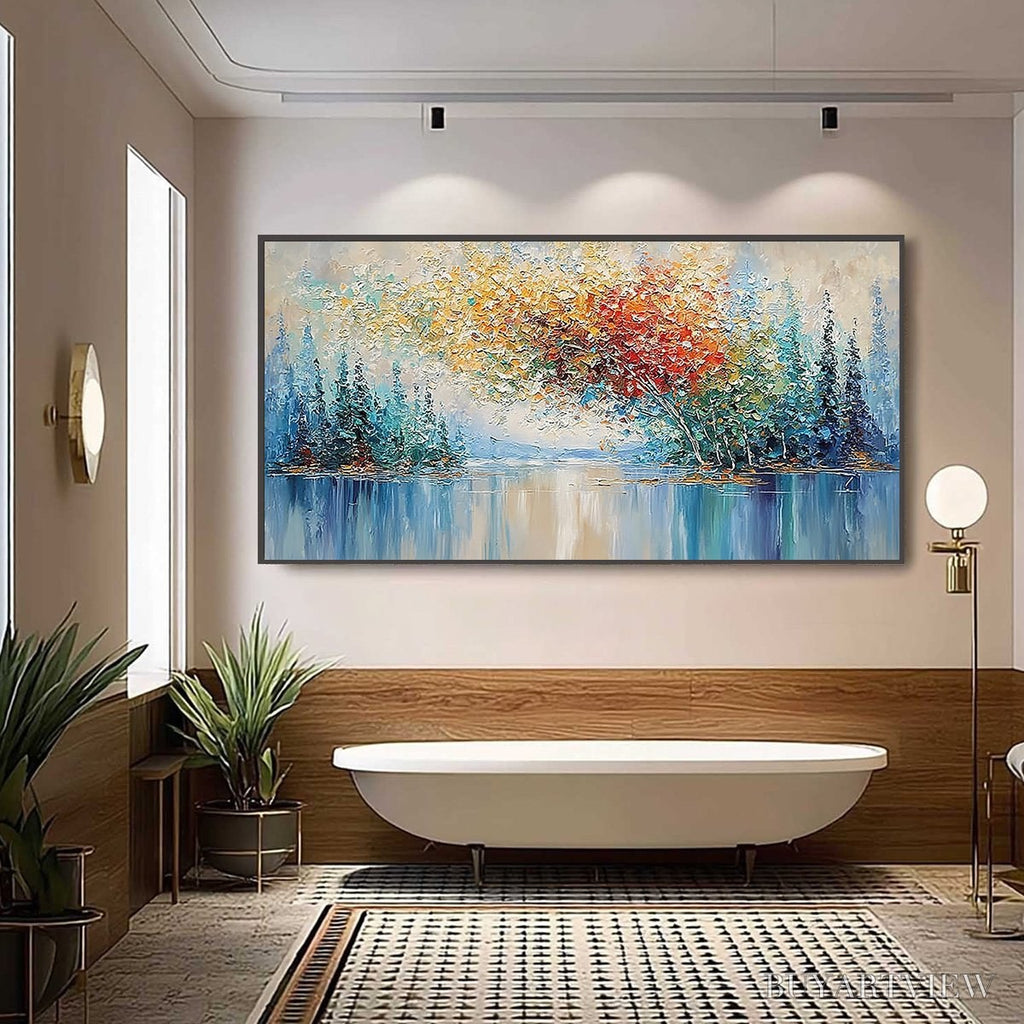 ARTOVITAS Vibrant Reflections – Colorful Textured Impasto Forest and Lake Painting - image 6