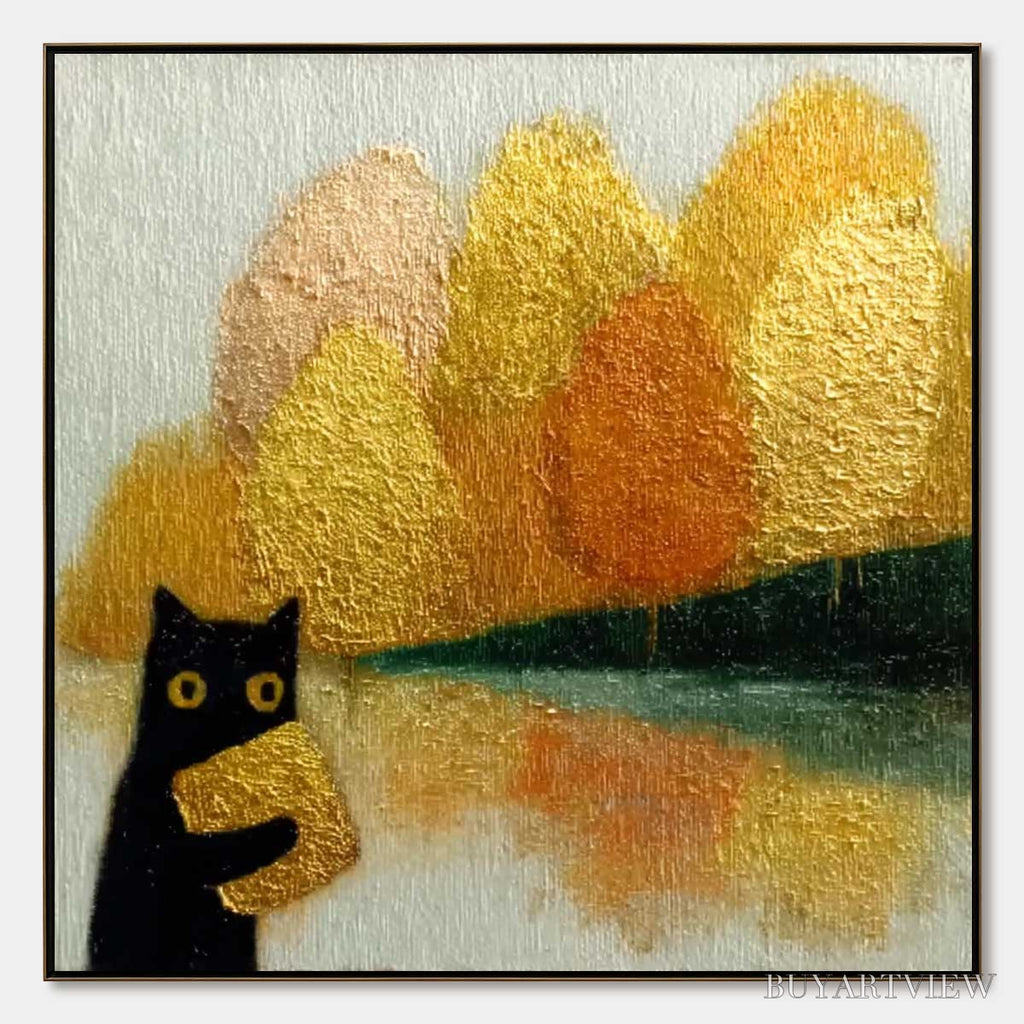 ARTOVITAS Autumn'S Treasure – Whimsical Textured Gold Leaf Cat Painting - image 1