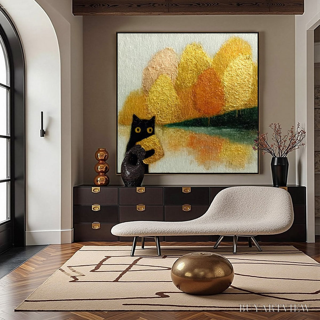 ARTOVITAS Autumn'S Treasure – Whimsical Textured Gold Leaf Cat Painting - image 2