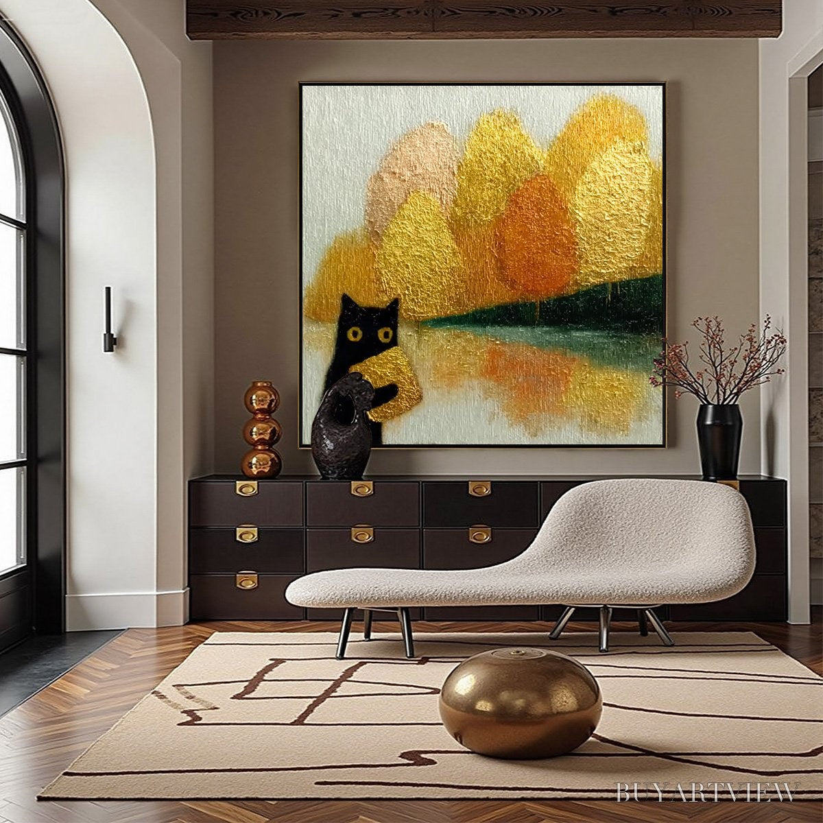 ARTOVITAS Autumn'S Treasure – Whimsical Textured Gold Leaf Cat Painting - image 2