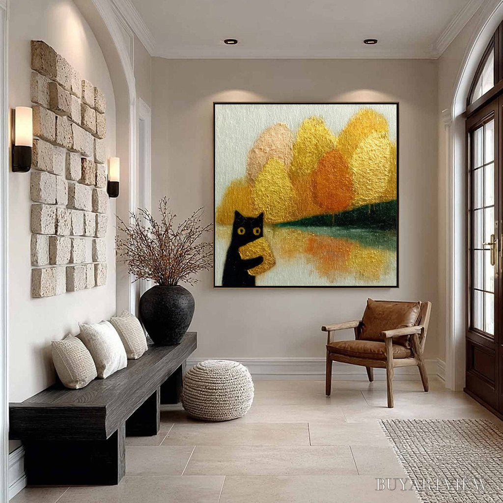 ARTOVITAS Autumn'S Treasure – Whimsical Textured Gold Leaf Cat Painting - image 4