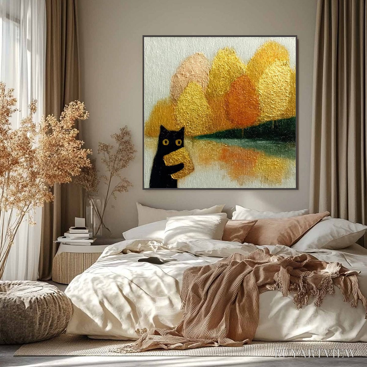 ARTOVITAS Autumn'S Treasure – Whimsical Textured Gold Leaf Cat Painting - image 6