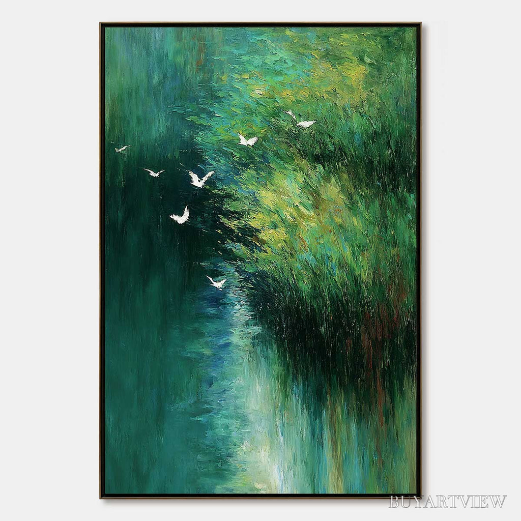 ARTOVITAS Emerald Flight – Abstract Green Forest & Birds Textured Oil Painting - image 1