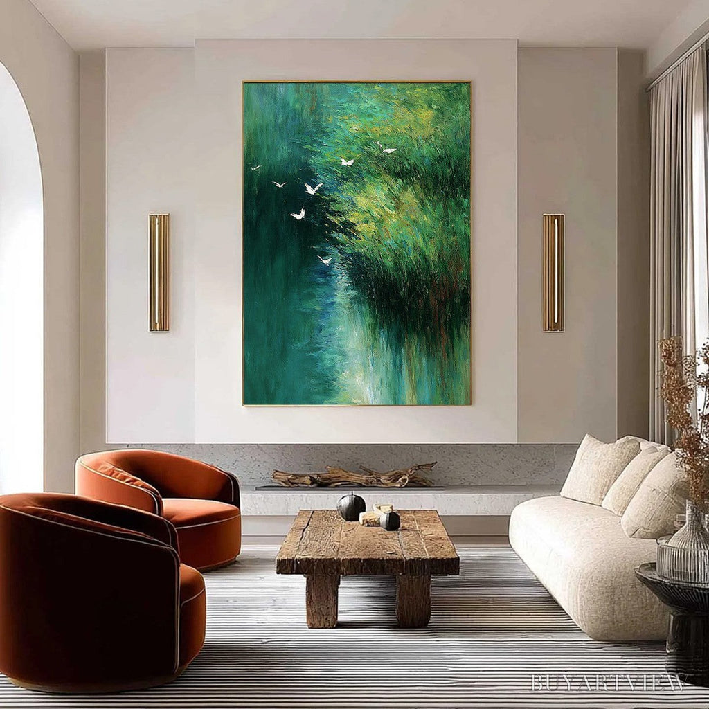ARTOVITAS Emerald Flight – Abstract Green Forest & Birds Textured Oil Painting - image 2