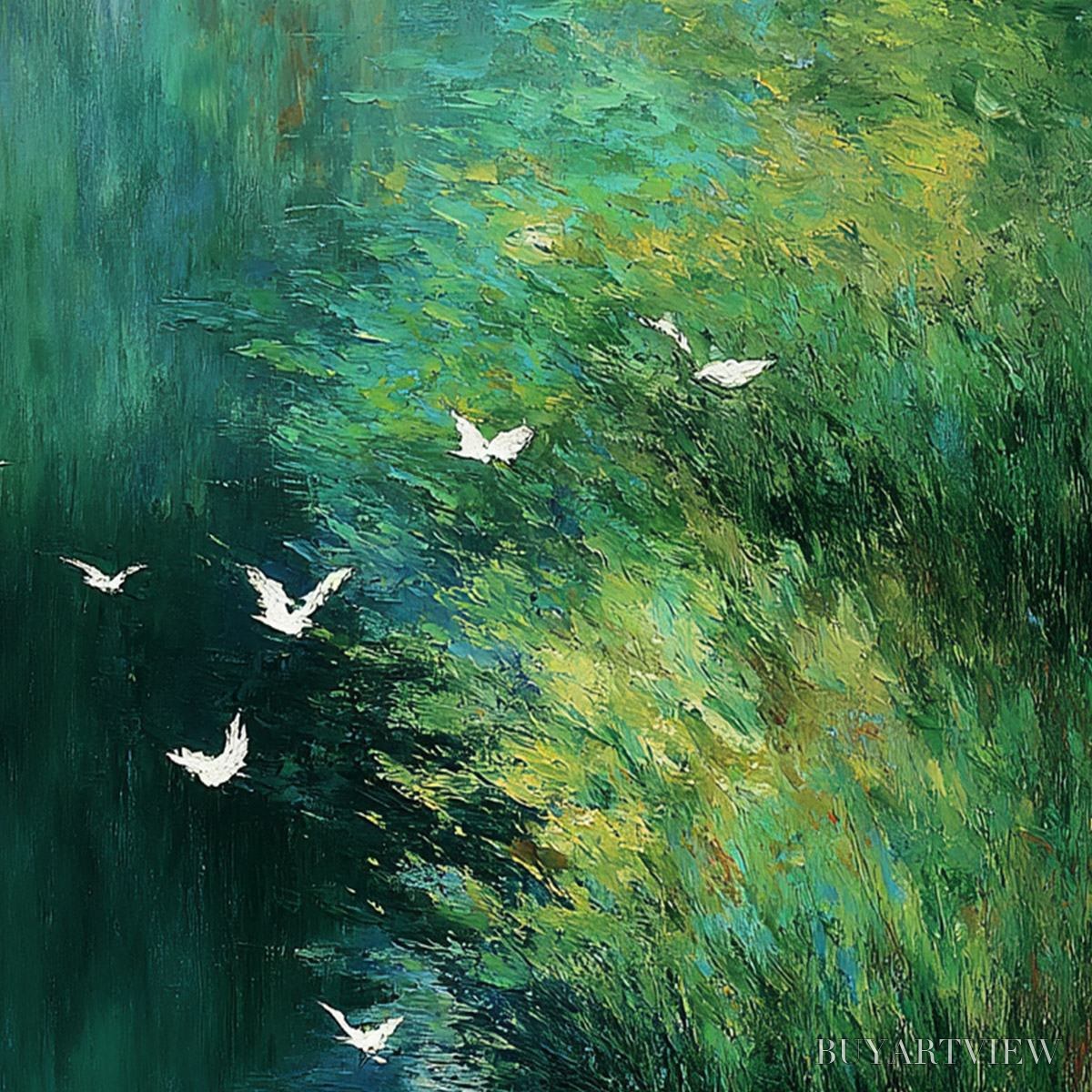 ARTOVITAS Emerald Flight – Abstract Green Forest & Birds Textured Oil Painting - image 3