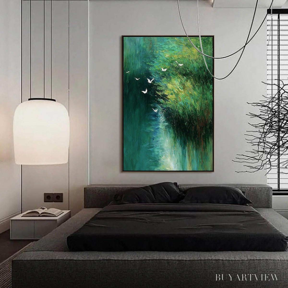 ARTOVITAS Emerald Flight – Abstract Green Forest & Birds Textured Oil Painting - image 4