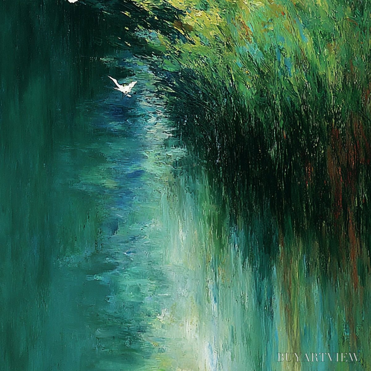 ARTOVITAS Emerald Flight – Abstract Green Forest & Birds Textured Oil Painting - image 5