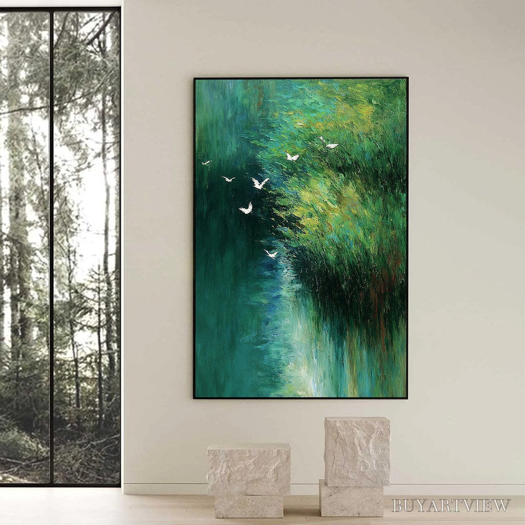 ARTOVITAS Emerald Flight – Abstract Green Forest & Birds Textured Oil Painting - image 6