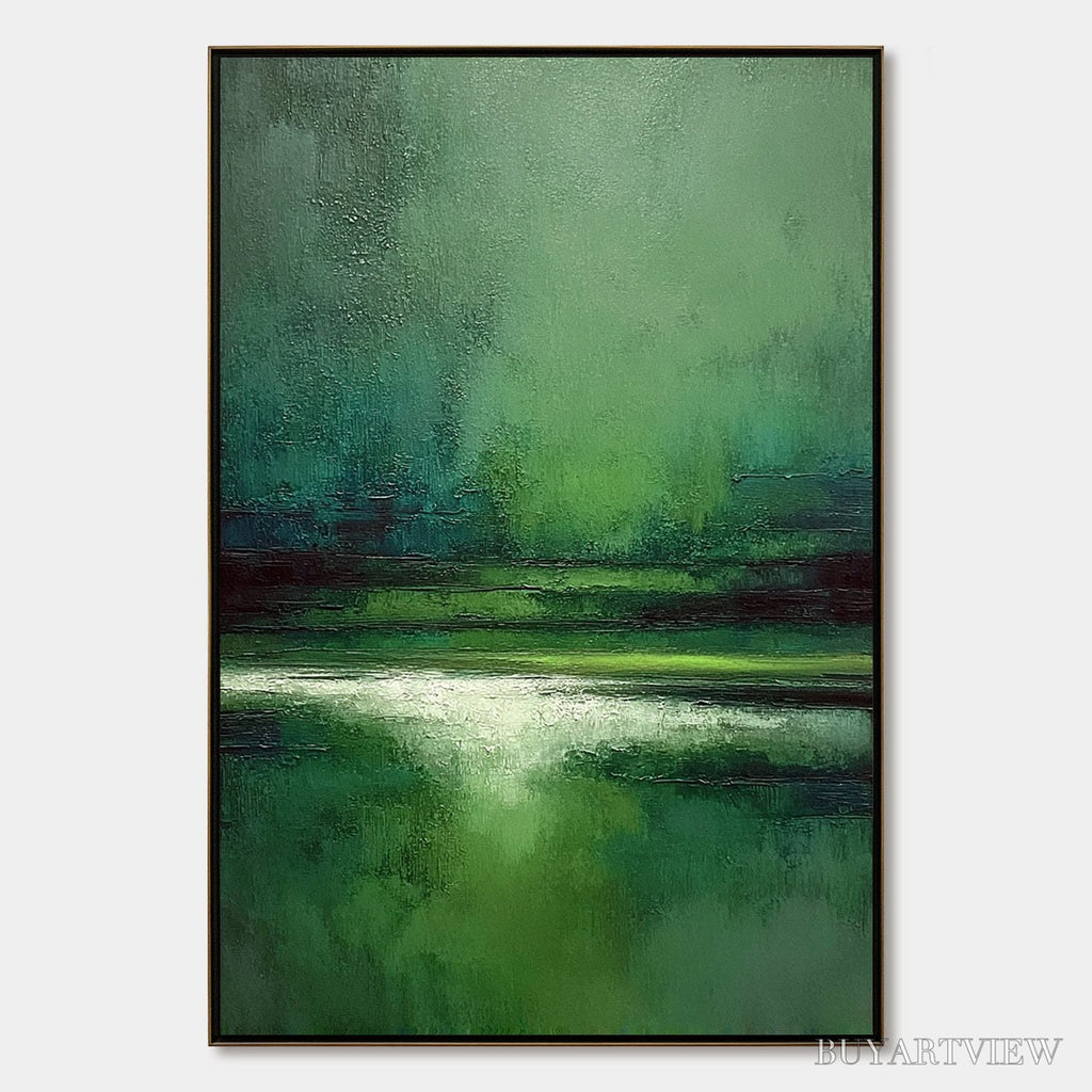 ARTOVITAS Verdant Stillness – Textured Green Abstract Landscape Oil Painting - image 1
