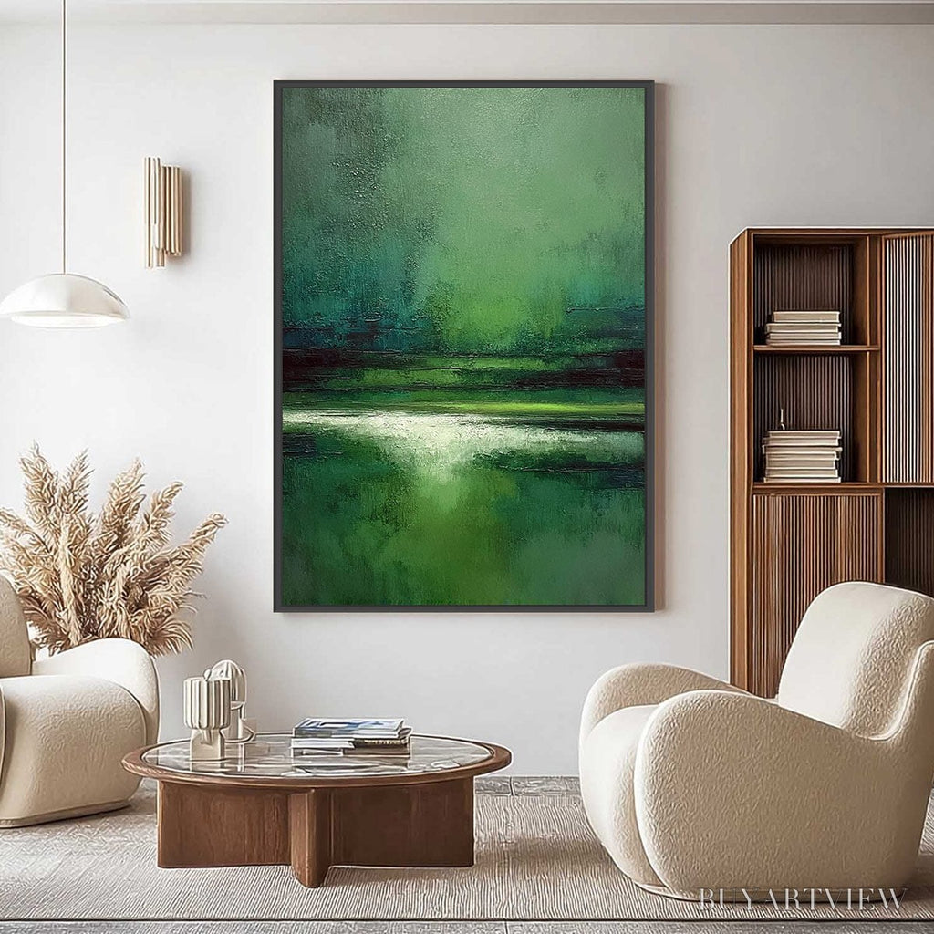 ARTOVITAS Verdant Stillness – Textured Green Abstract Landscape Oil Painting - image 2