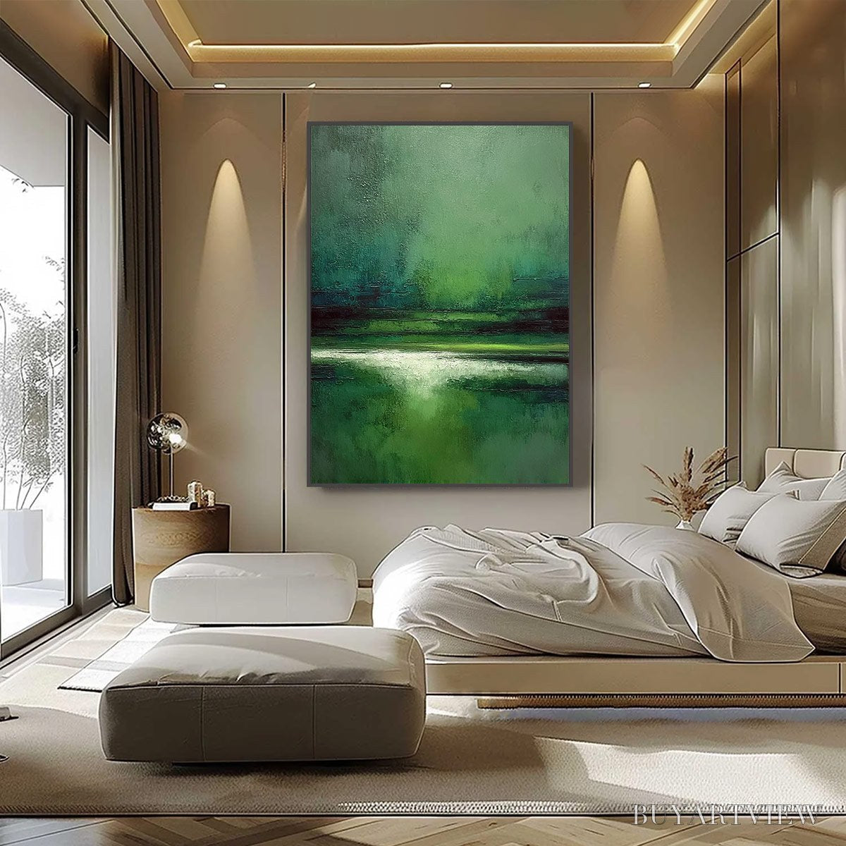 ARTOVITAS Verdant Stillness – Textured Green Abstract Landscape Oil Painting - image 6