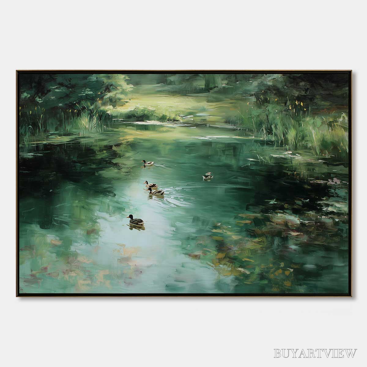ARTOVITAS Verdant Drift – Impressionistic Green Pond with Ducks Oil Painting - image 1