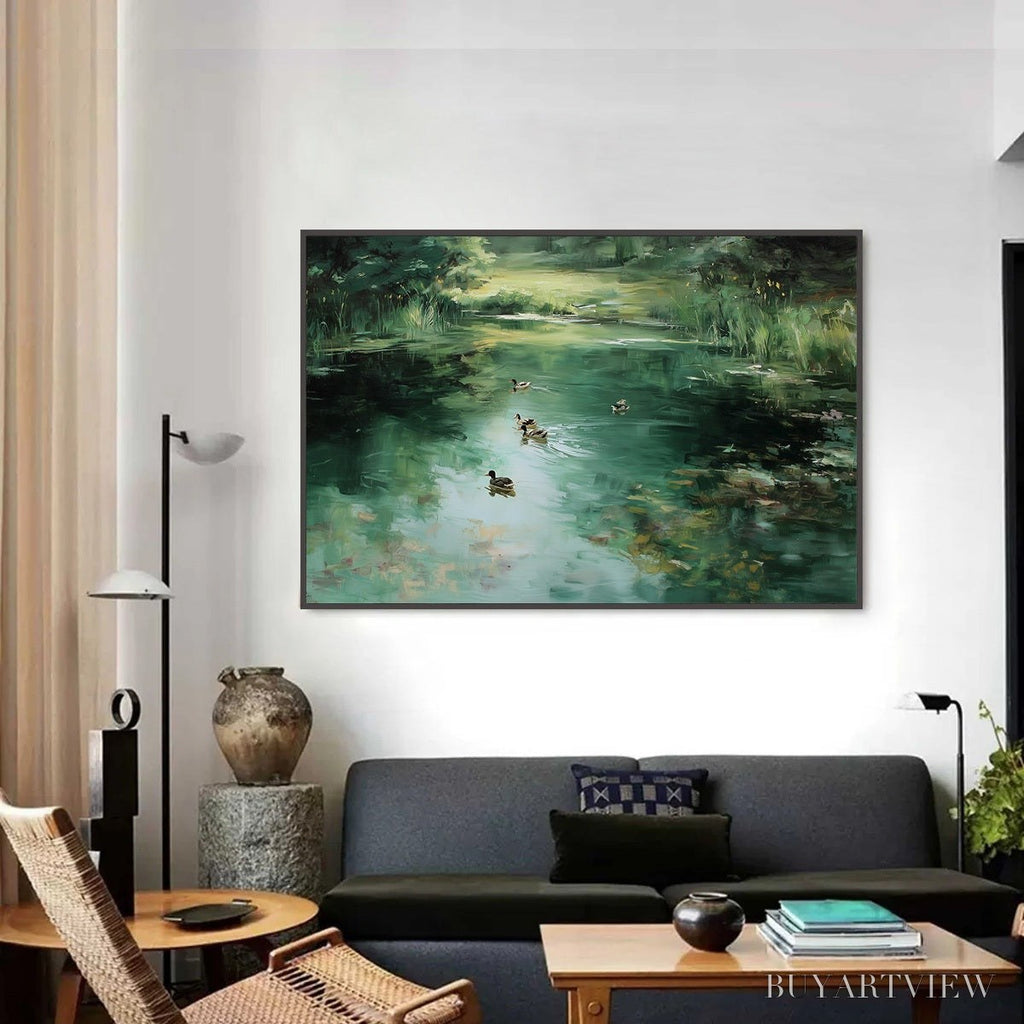 ARTOVITAS Verdant Drift – Impressionistic Green Pond with Ducks Oil Painting - image 2