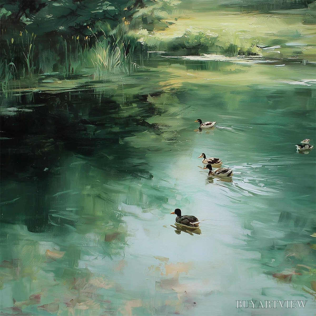 ARTOVITAS Verdant Drift – Impressionistic Green Pond with Ducks Oil Painting - image 3