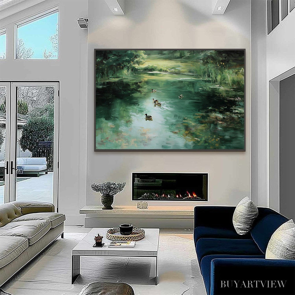 ARTOVITAS Verdant Drift – Impressionistic Green Pond with Ducks Oil Painting - image 4