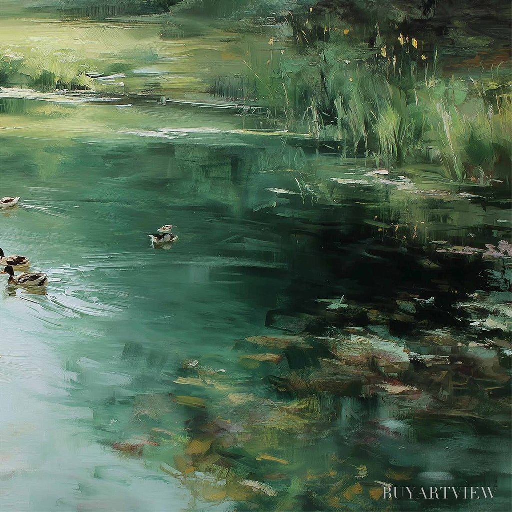 ARTOVITAS Verdant Drift – Impressionistic Green Pond with Ducks Oil Painting - image 5
