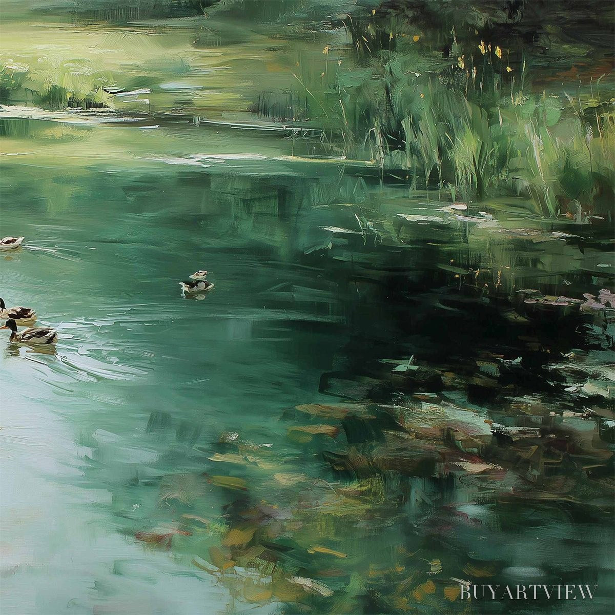 ARTOVITAS Verdant Drift – Impressionistic Green Pond with Ducks Oil Painting - image 5