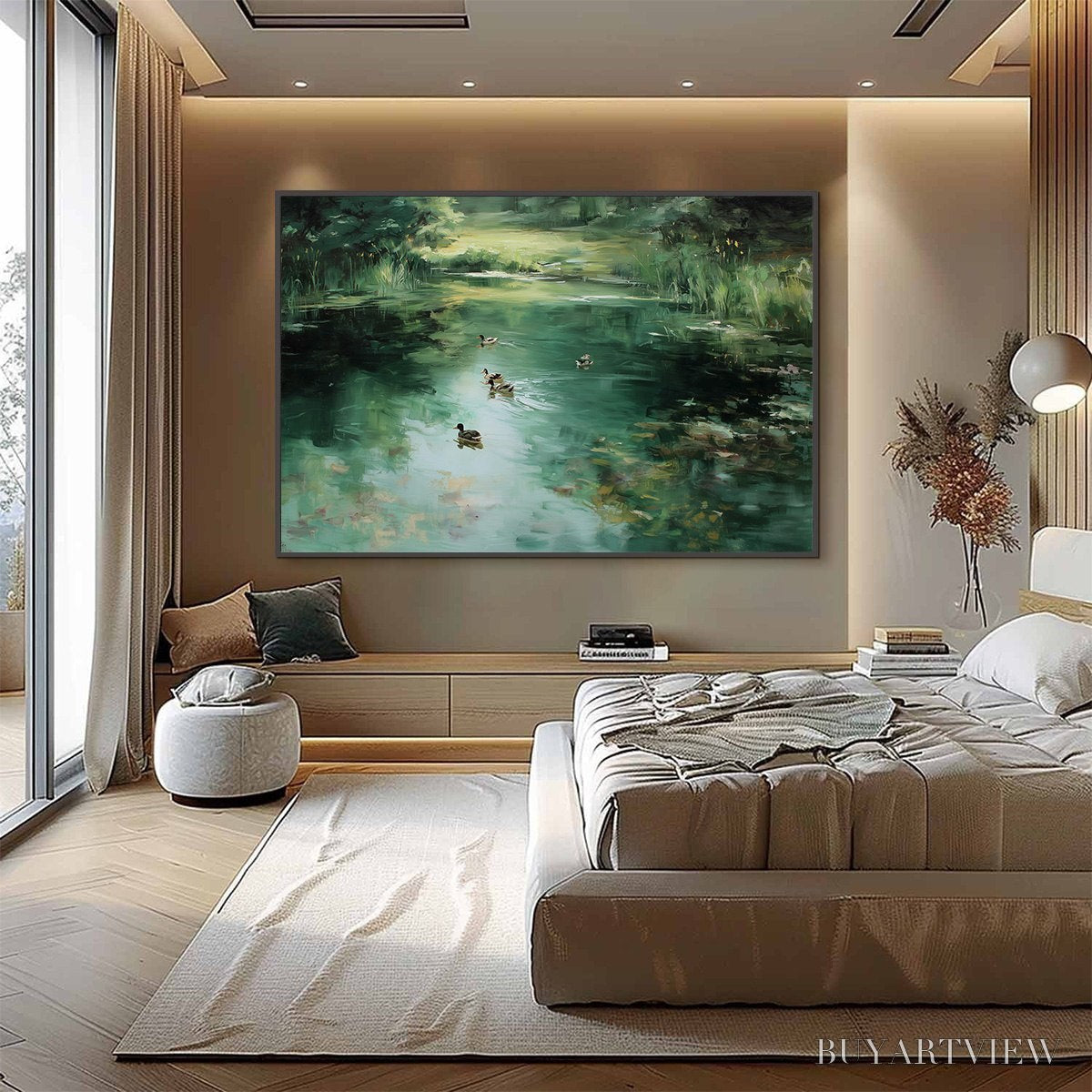 ARTOVITAS Verdant Drift – Impressionistic Green Pond with Ducks Oil Painting - image 6