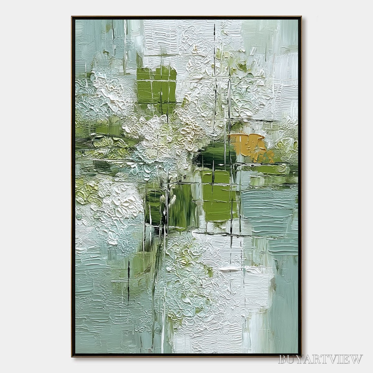 ARTOVITAS Verdant Grid – Textured Green and White Wabi Sabi Abstract Painting - image 1