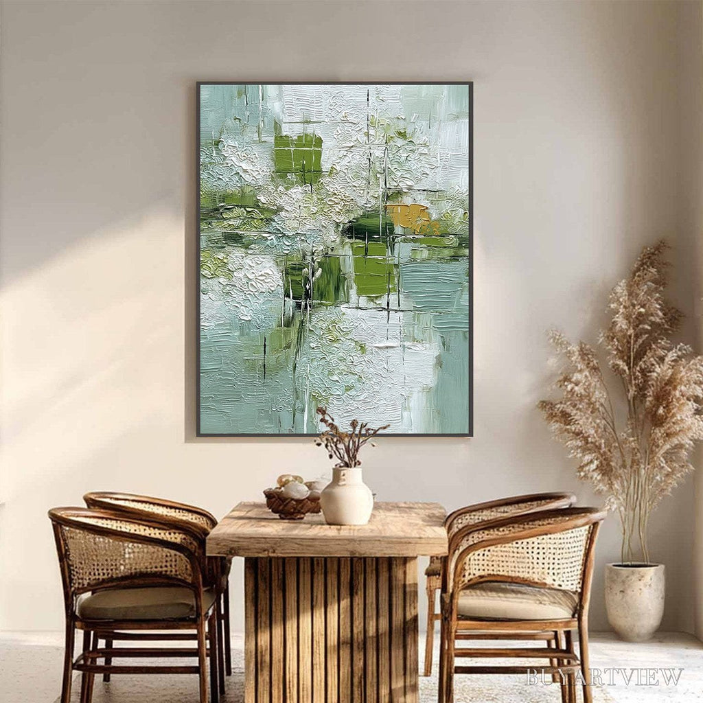 ARTOVITAS Verdant Grid – Textured Green and White Wabi Sabi Abstract Painting - image 2