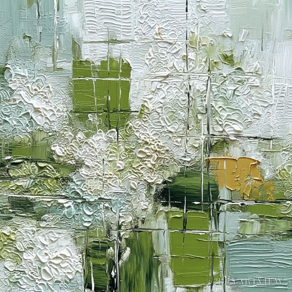 ARTOVITAS Verdant Grid – Textured Green and White Wabi Sabi Abstract Painting - image 3