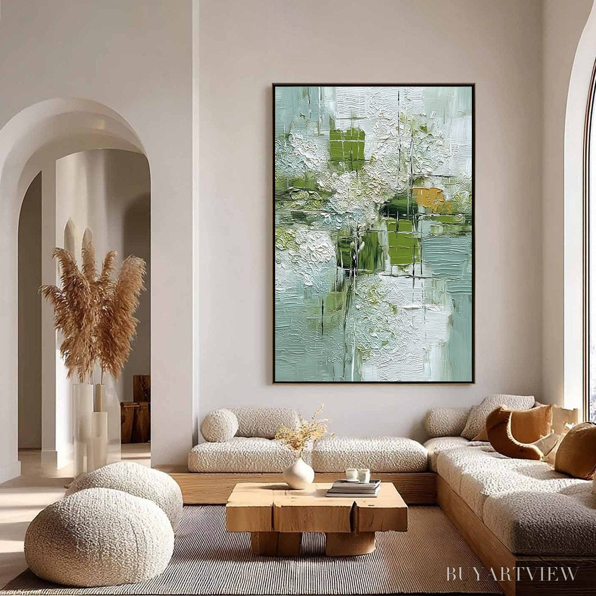 ARTOVITAS Verdant Grid – Textured Green and White Wabi Sabi Abstract Painting - image 4