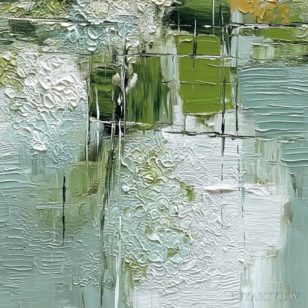 ARTOVITAS Verdant Grid – Textured Green and White Wabi Sabi Abstract Painting - image 5