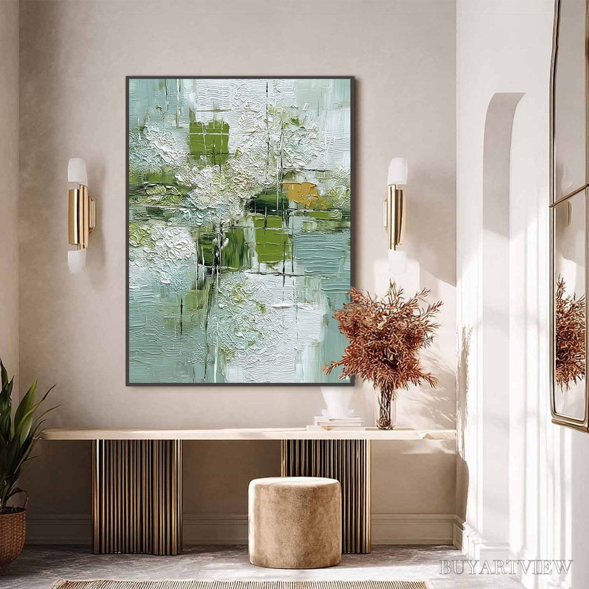 ARTOVITAS Verdant Grid – Textured Green and White Wabi Sabi Abstract Painting - image 6