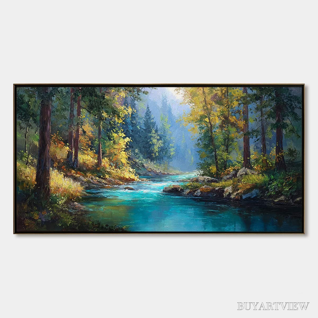 ARTOVITAS Sunbeam Creek – Vivid Forest River Landscape Oil Painting - image 1