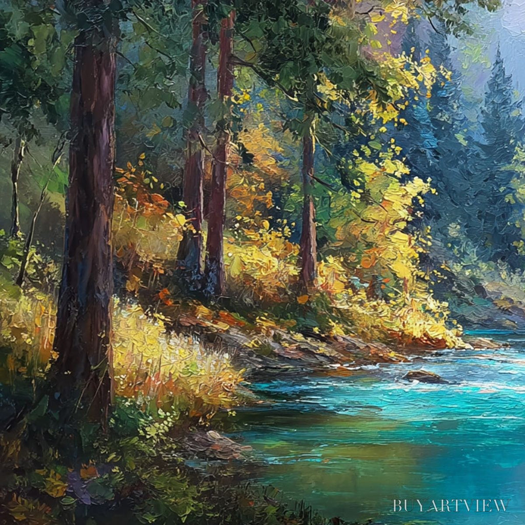 ARTOVITAS Sunbeam Creek – Vivid Forest River Landscape Oil Painting - image 3