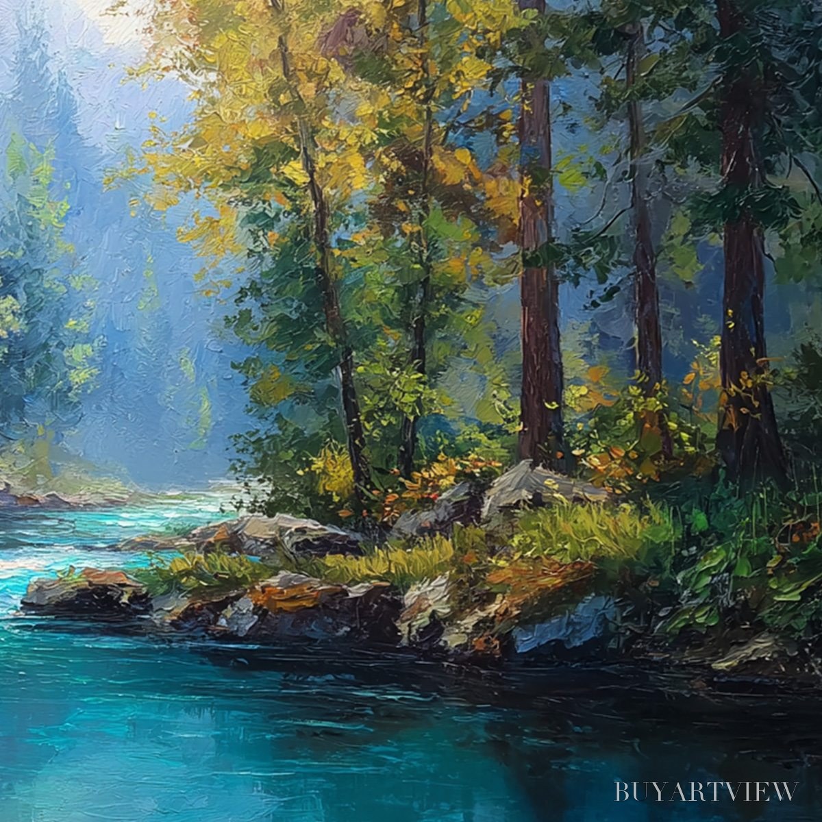 ARTOVITAS Sunbeam Creek – Vivid Forest River Landscape Oil Painting - image 5