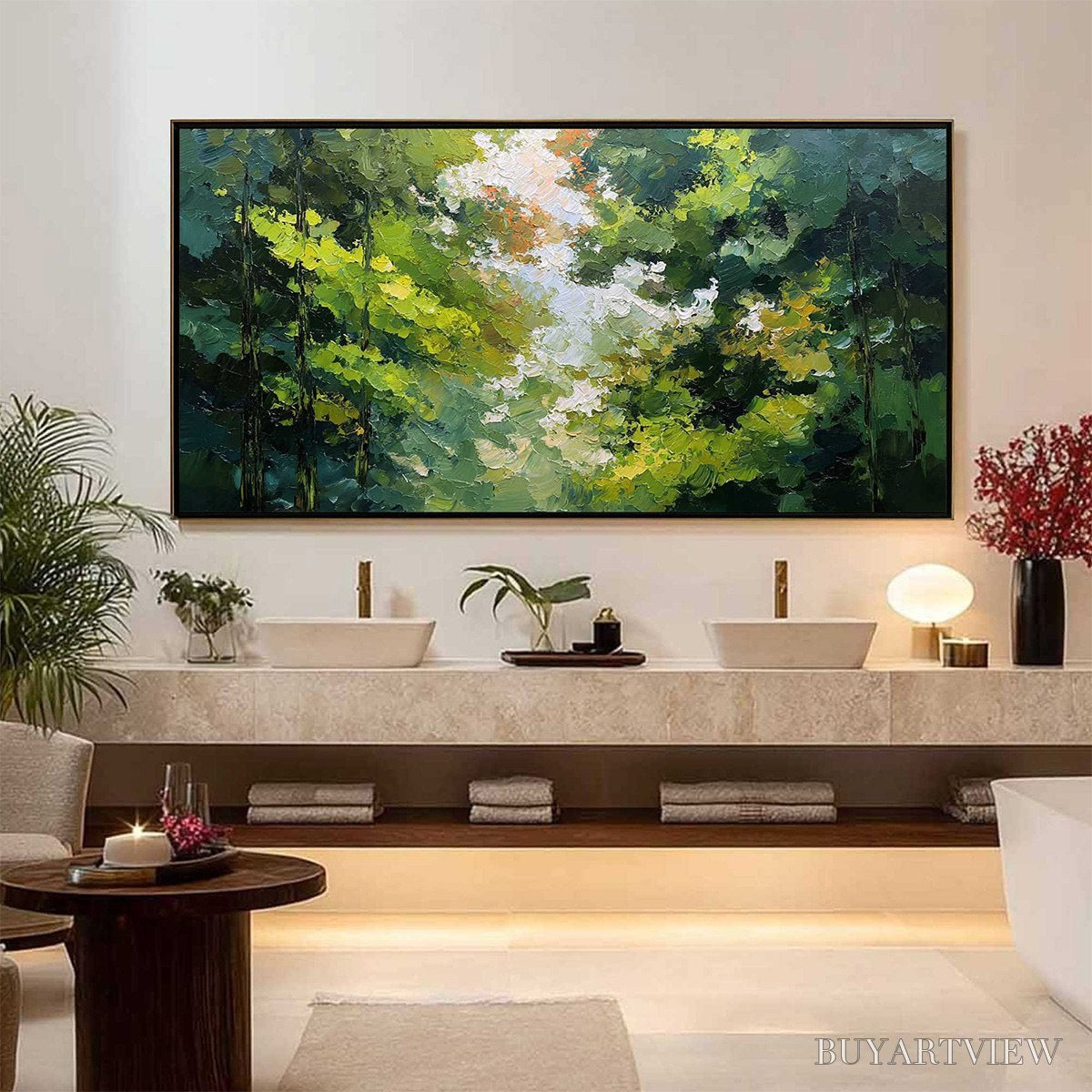 ARTOVITAS Emerald Light – Textured Forest Canopy Palette Knife Painting - image 6