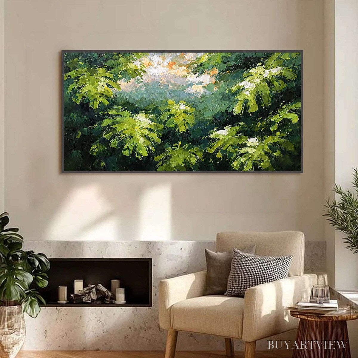 ARTOVITAS Verdant Sanctuary – Textured Impasto Painting of Sun-Kissed Jungle Leaves - image 2