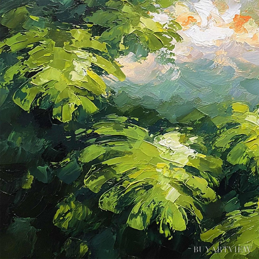 ARTOVITAS Verdant Sanctuary – Textured Impasto Painting of Sun-Kissed Jungle Leaves - image 3