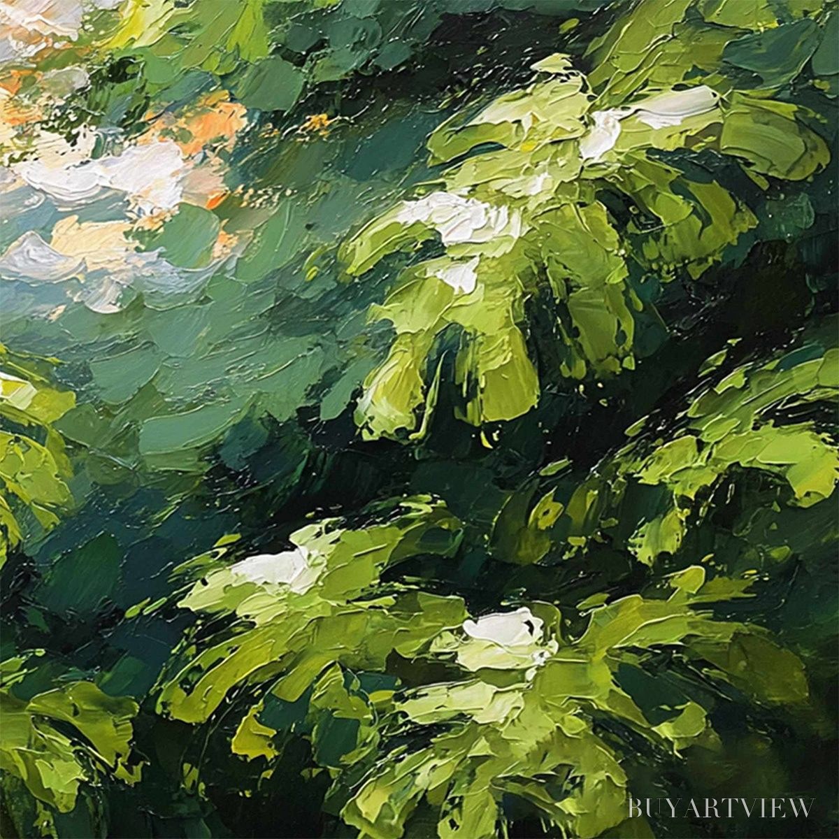 ARTOVITAS Verdant Sanctuary – Textured Impasto Painting of Sun-Kissed Jungle Leaves - image 5
