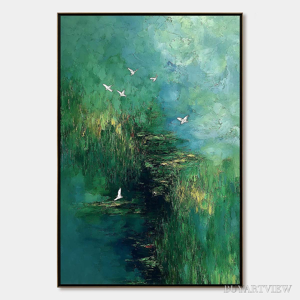 ARTOVITAS Verdant Sanctuary – Abstract Green Forest Landscape with Flying Birds - image 1