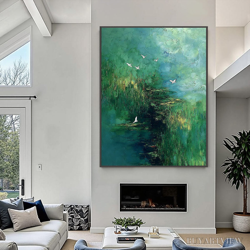 ARTOVITAS Verdant Sanctuary – Abstract Green Forest Landscape with Flying Birds - image 2