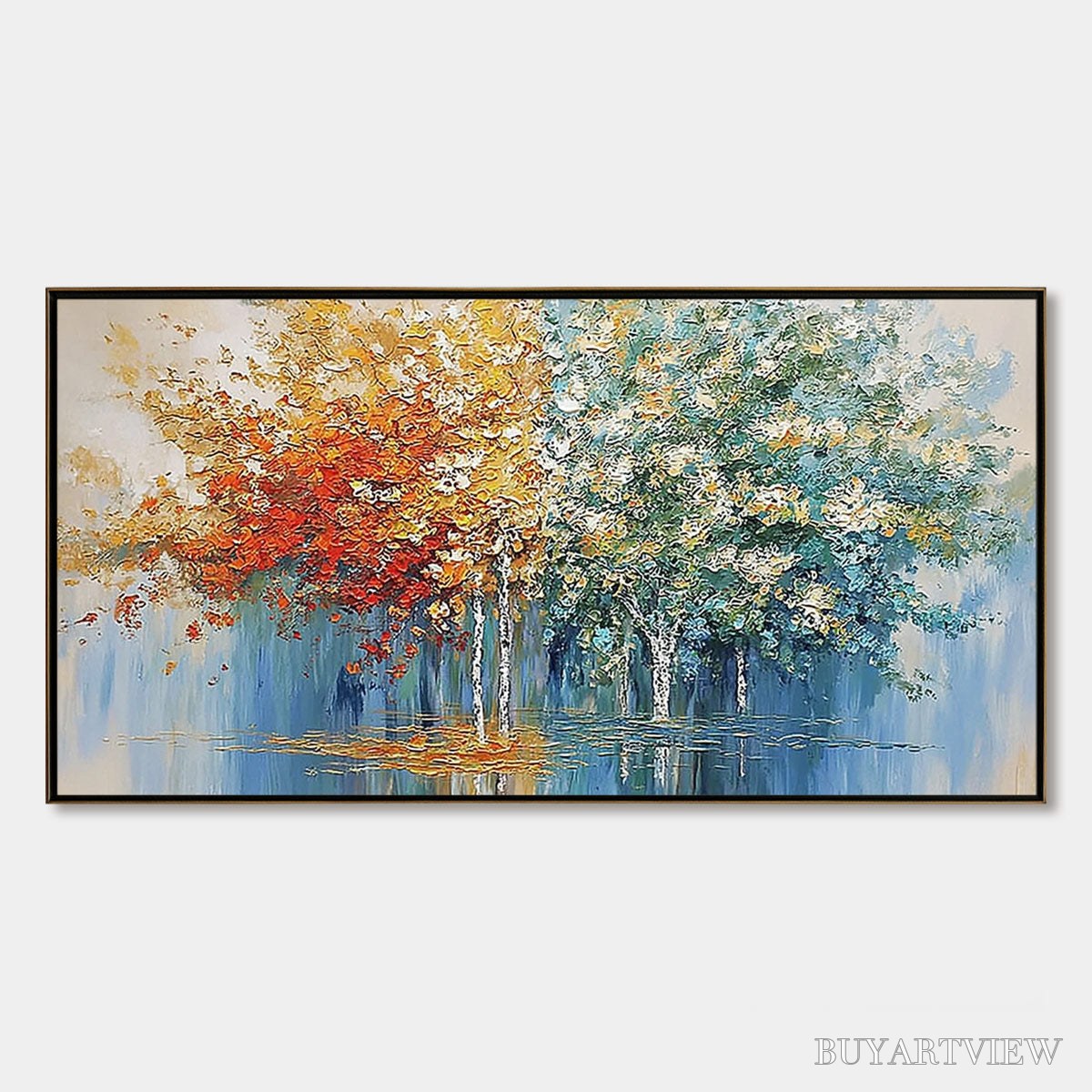 ARTOVITAS Seasonal Embrace – Textured Palette Knife Forest Reflection Painting - image 1